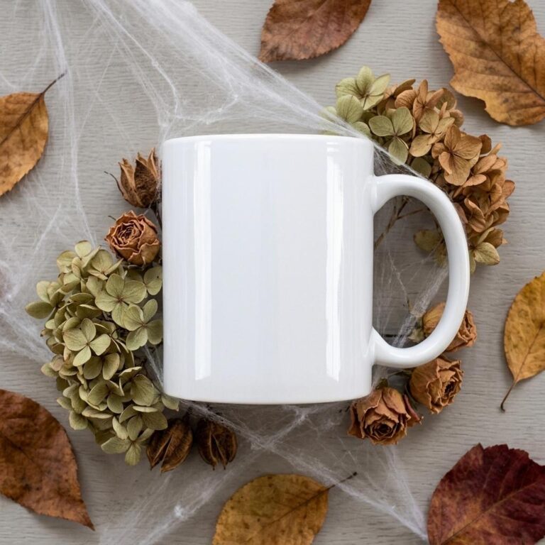 Halloween Mug Mockup with Spider Web Flat Lay