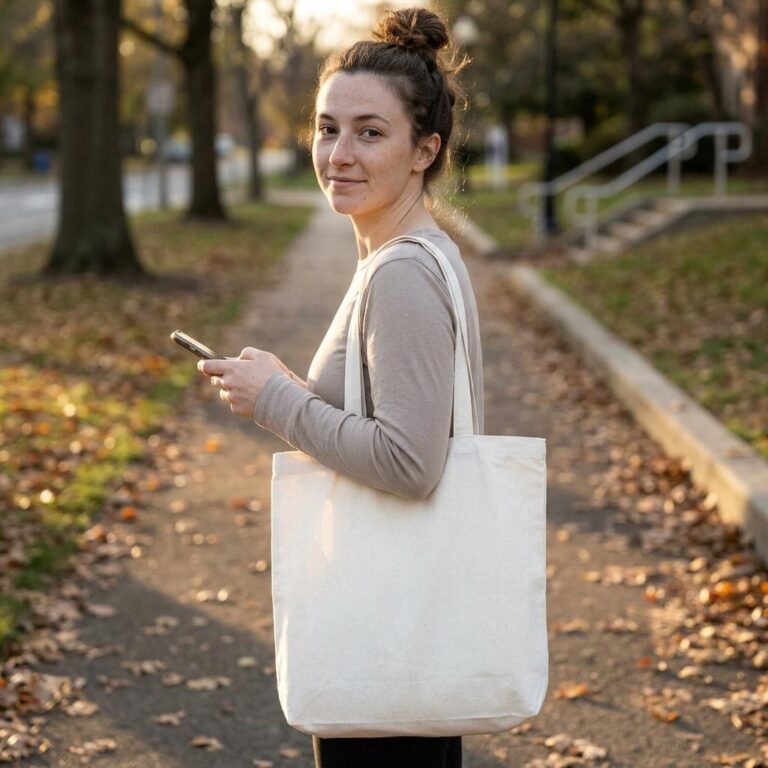 Lifestyle Canvas Tote Bag Mockup - Autumn Campus Scene