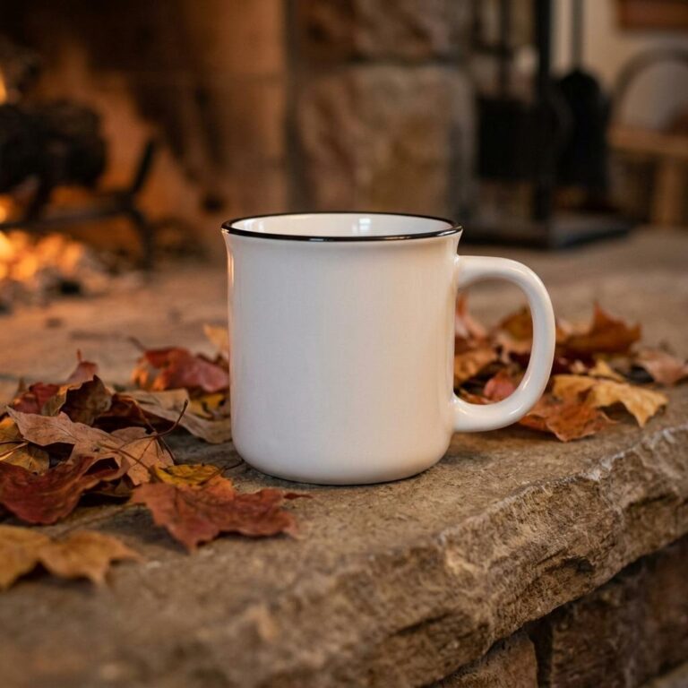 Halloween Mug Mockup with Fireplace Amber Glow and Autumn Leaves