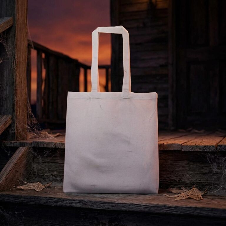Halloween Canvas Tote Bag Mockup - Haunted Porch at Dusk