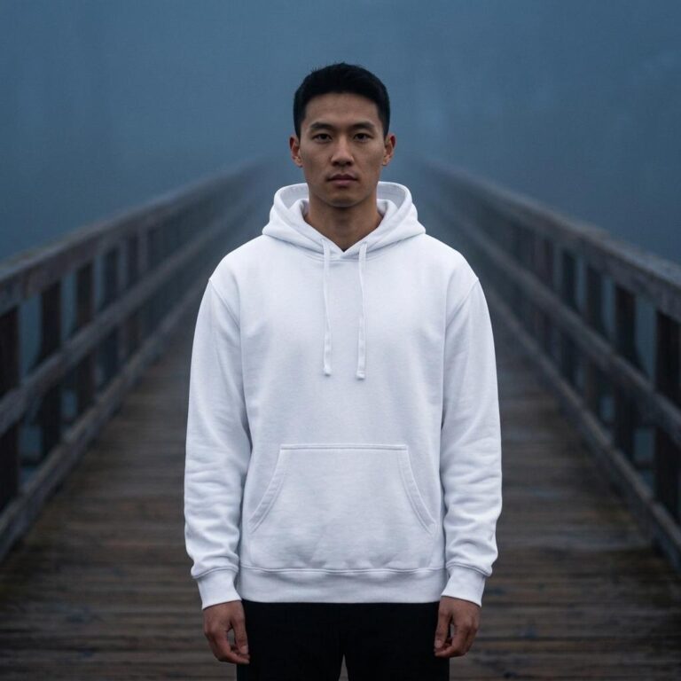 Halloween Hoodie Mockup on a Fog-Covered Bridge at Twilight