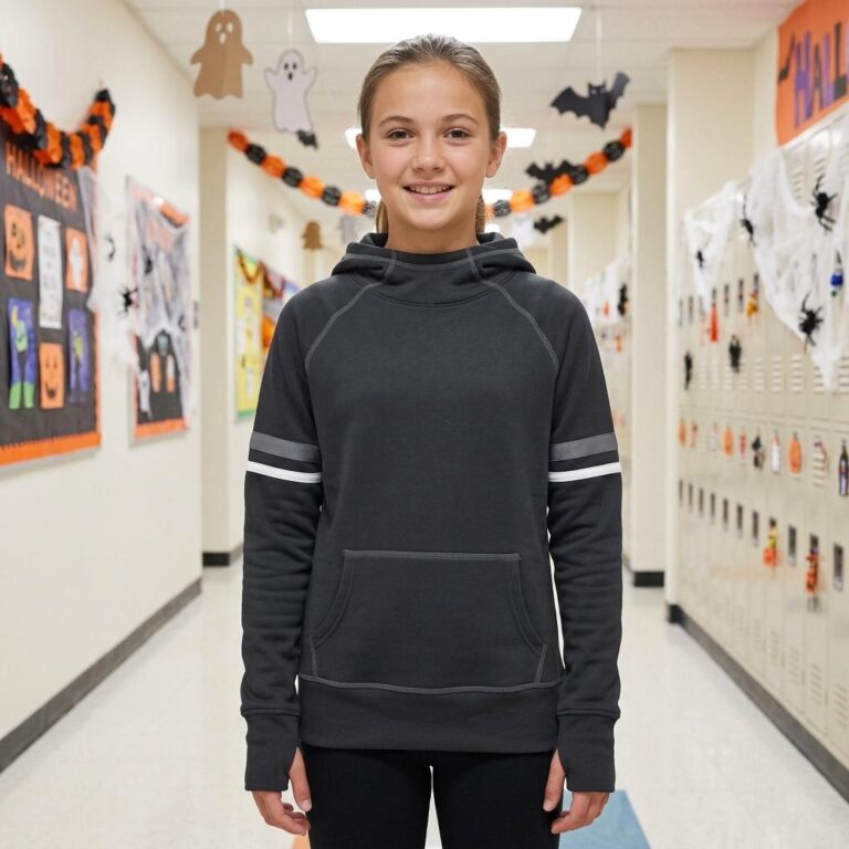 Girls’ Halloween Hoodie Mockup in a Decorated School Hallway