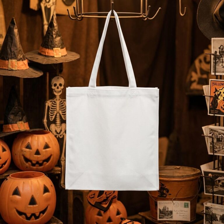 White canvas tote bag hanging on a metal hook at a dim antique market stall surrounded by carved jack-o'-lanterns, paper witch hats, and vintage Halloween postcards - Halloween tote bag mockup with warm amber glow.