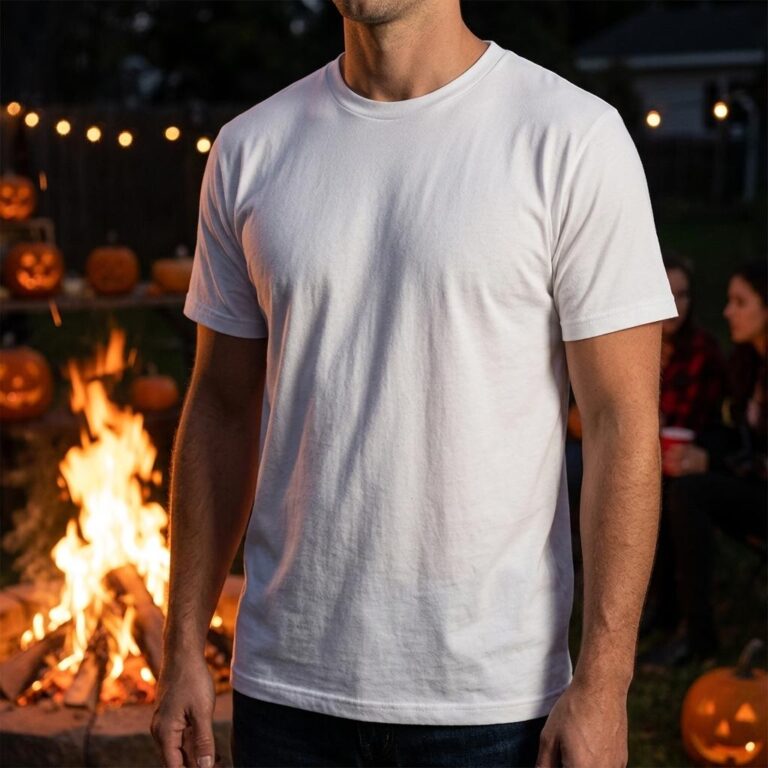 Halloween T-Shirt Mockup: Backyard Bonfire Night Scene