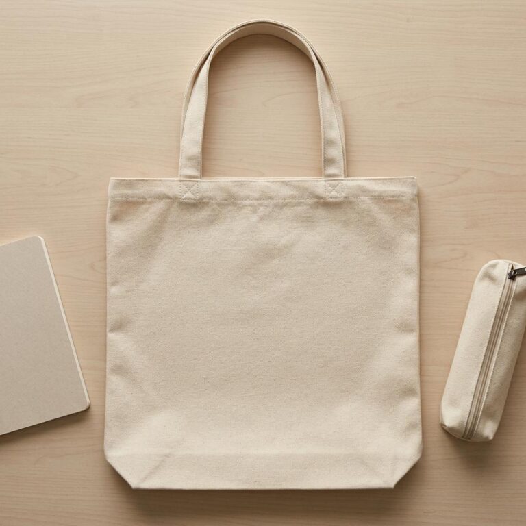 Natural Canvas Tote Bag Flat Lay Mockup with School Supplies