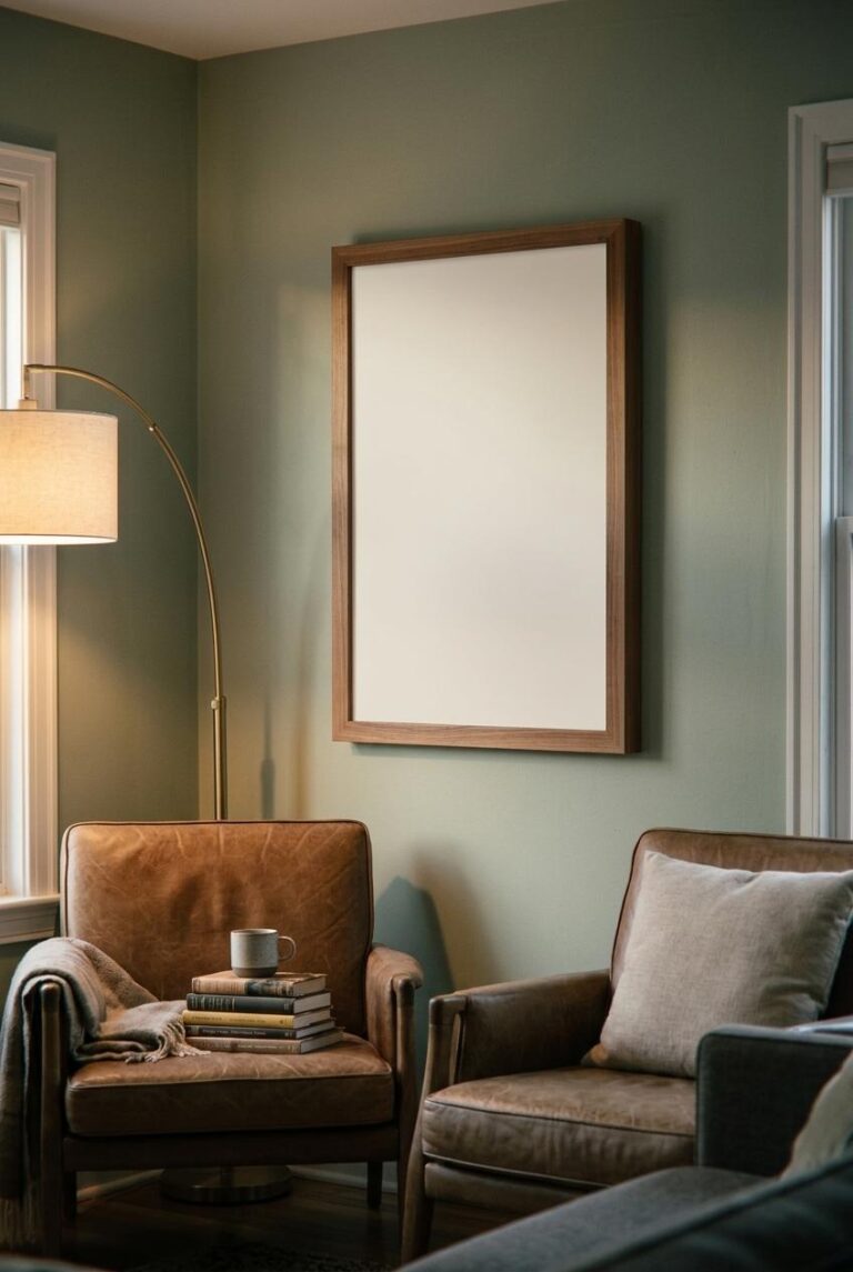 Cozy Living Room Framed Poster Mockup with Walnut Frame