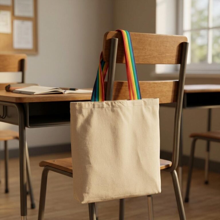 Classroom Tote Bag Mockup with Rainbow Stripe Handle