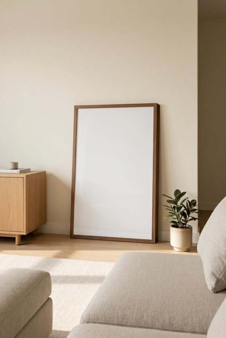 Framed Poster Mockup - Walnut Frame Leaning Against a Warm Cream Wall