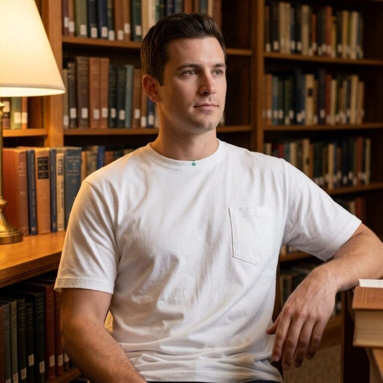 Library Pocket Tee Mockup with Warm Lamp Glow