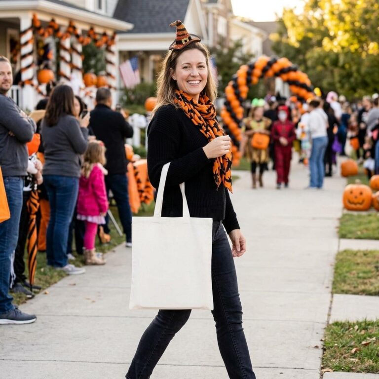 Free Halloween Tote Bag Mockup - Sunny Neighborhood Parade Scene