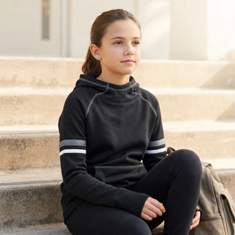 Girls Pullover Hoodie Mockup on School Steps