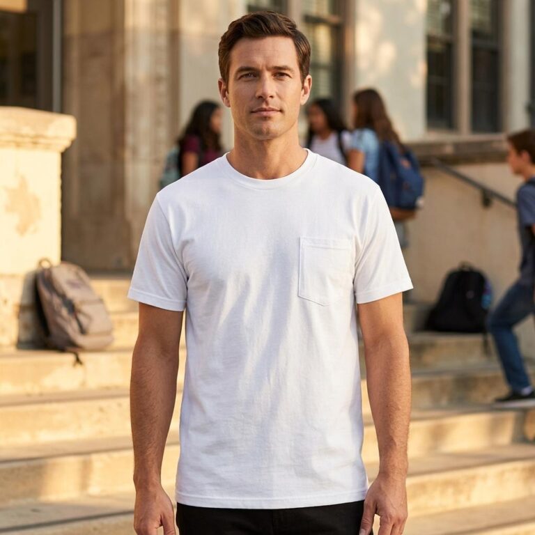 Back-to-School Pocket T-Shirt Mockup on Sunny School Steps