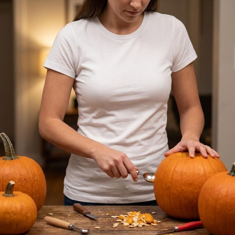 Halloween Women’s T-Shirt Mockup: Pumpkin Carving Lifestyle Scene