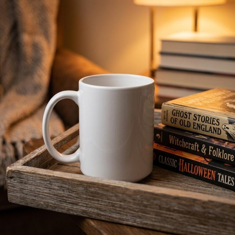 Halloween Book Nook Mug Mockup - Warm Amber Lamp Setting