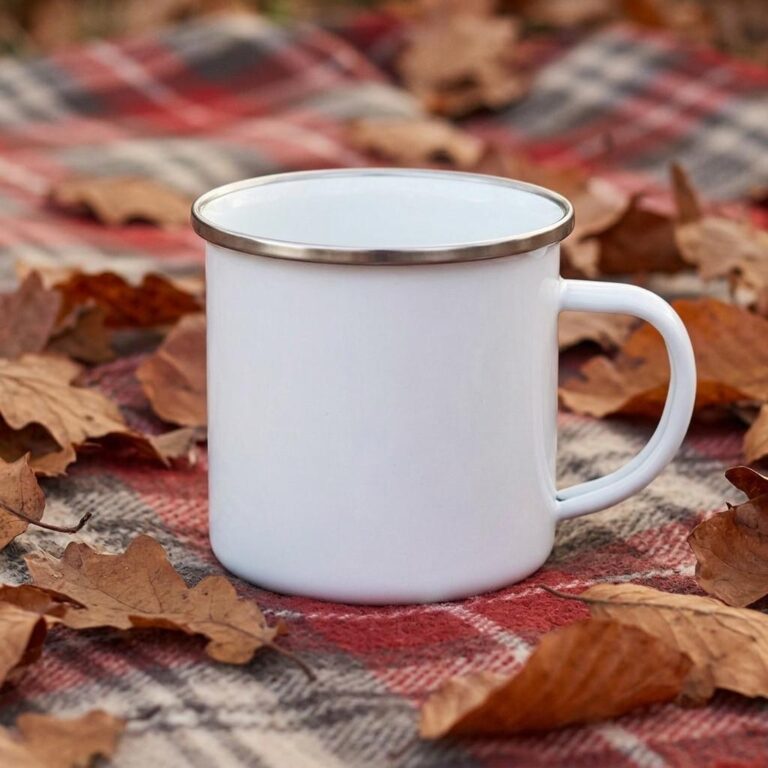 Free Fall Enamel Mug Mockup with Autumn Leaves on a Plaid Blanket