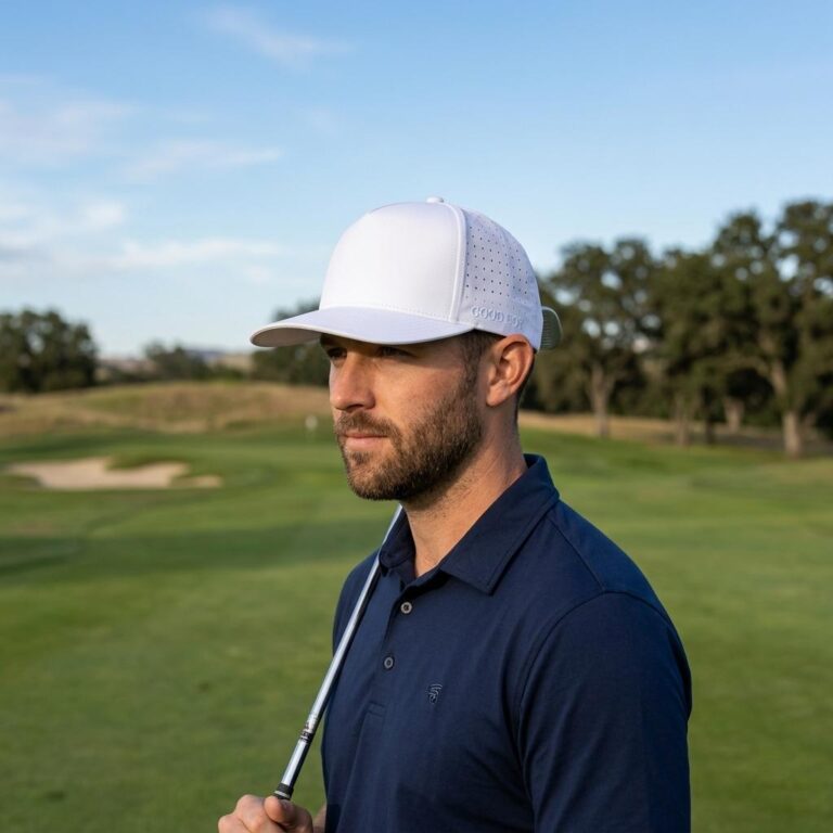 White Golf Cap Mockup Shot on a Real Fairway