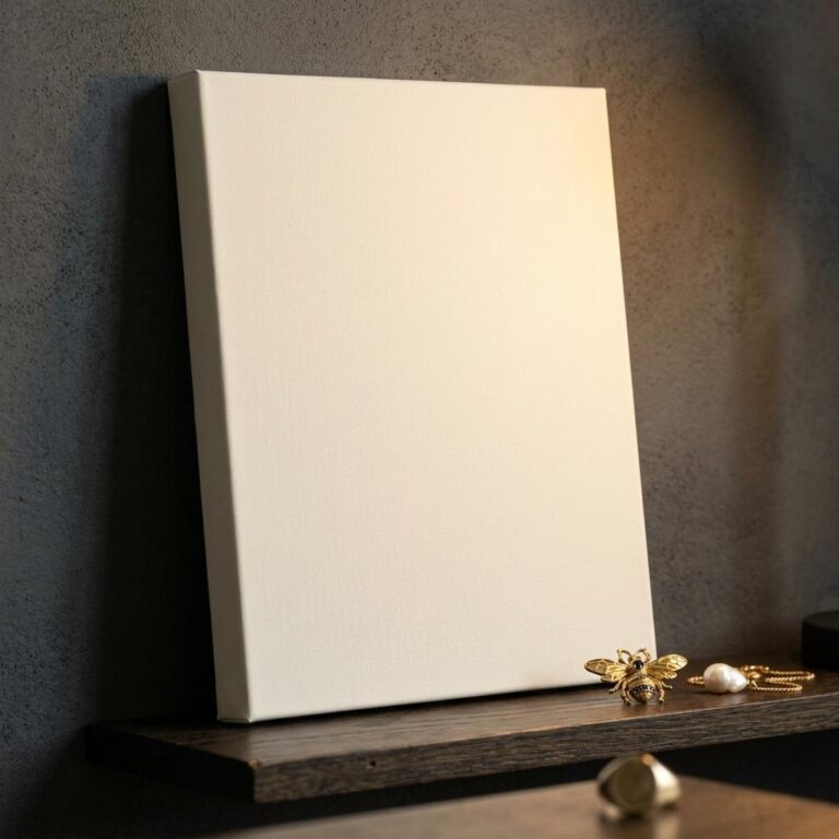 11×14 Canvas Wrap Mockup on a Dark Oak Shelf