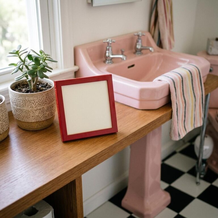 Retro Bathroom Framed Print Mockup with Cherry-Red Frame
