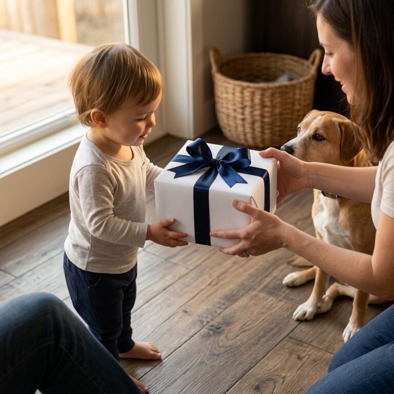 Warm Family Gift Box Mockup - Birthday Morning Lifestyle Scene