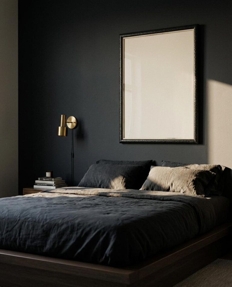 Moody Dark Bedroom Framed Poster Mockup