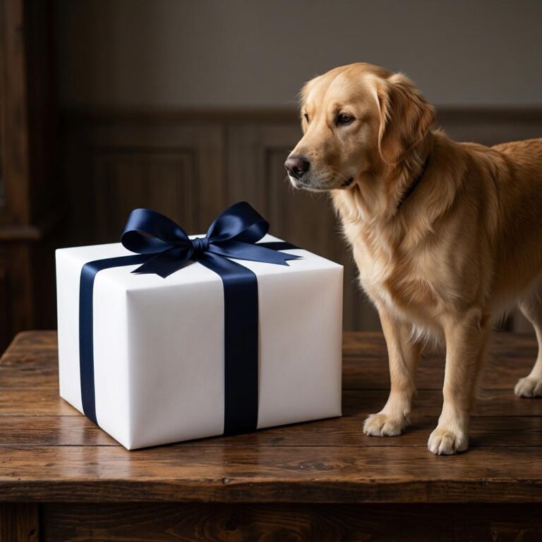 Wrapped Gift Box Mockup with a Golden Retriever - NYE Interior Scene