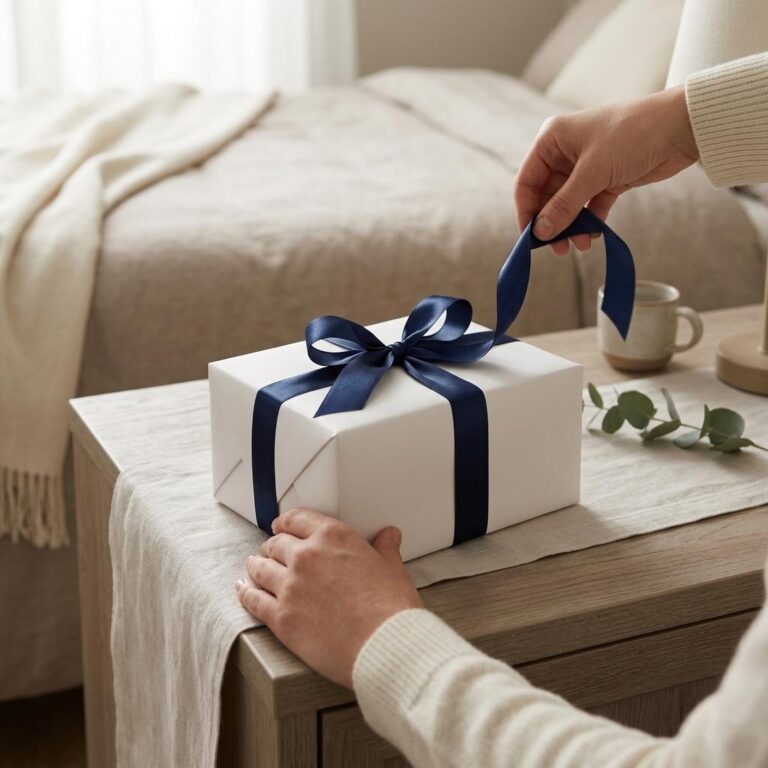 White Gift Box Mockup with Satin Bow in a Bedroom Lifestyle Scene