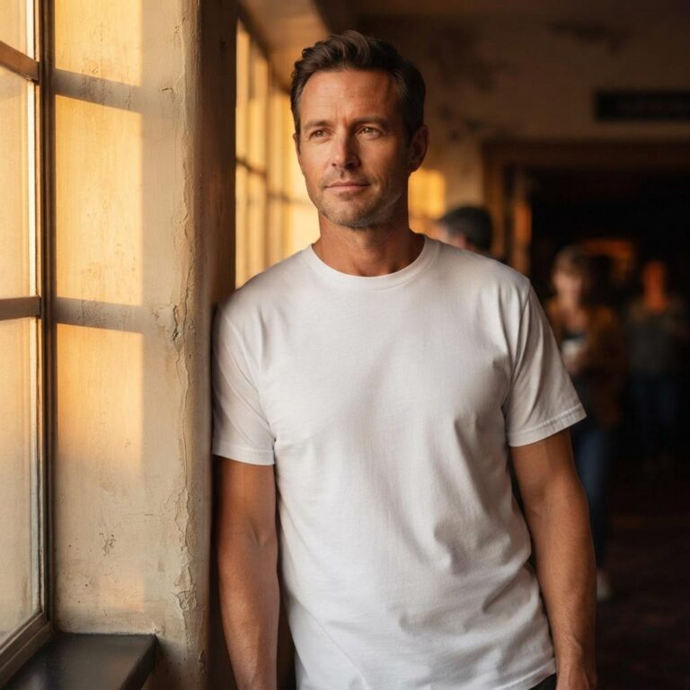 Comfort Colors 1717 Man Mockup Bathed in Golden Hour Cinema Light