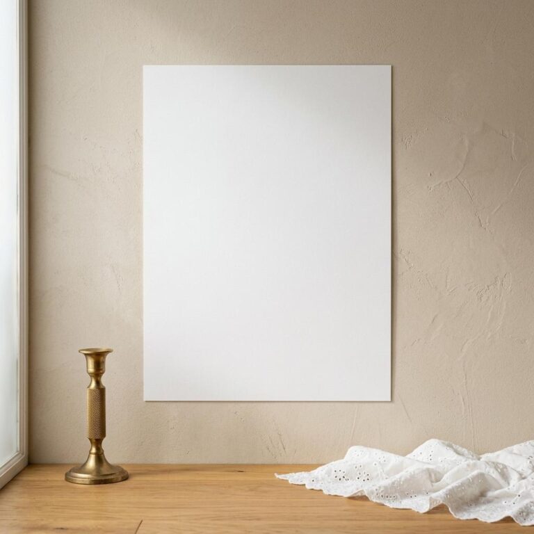Warm Beige Wall Poster Mockup with Lace and Antique Candlestick