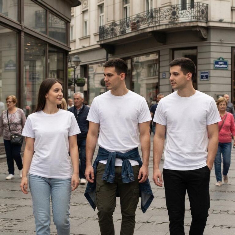 Free Group T-Shirt Mockup - Three Models on a Belgrade City Street