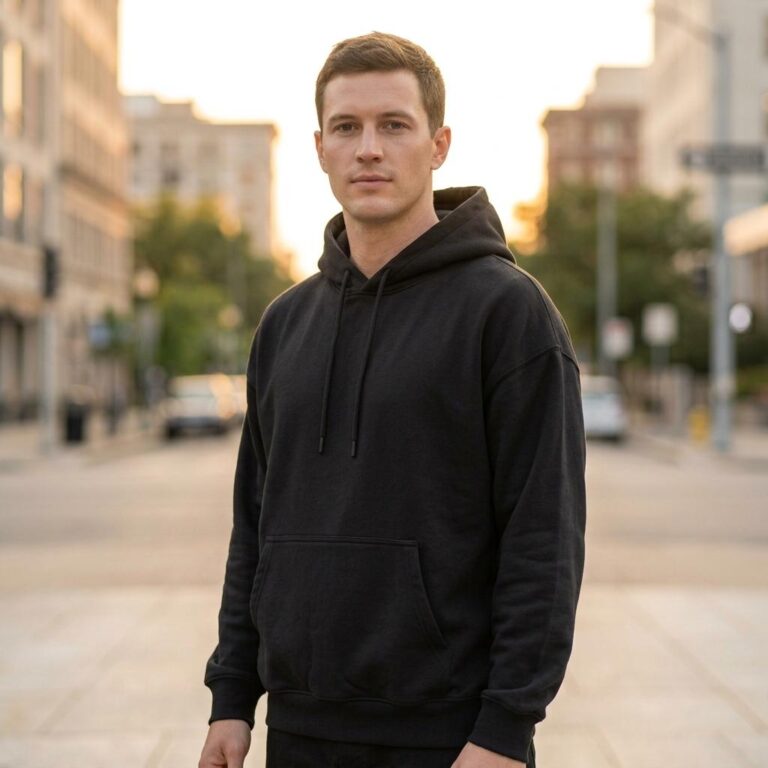 Urban Black Hoodie Mockup with Golden Hour City Backdrop