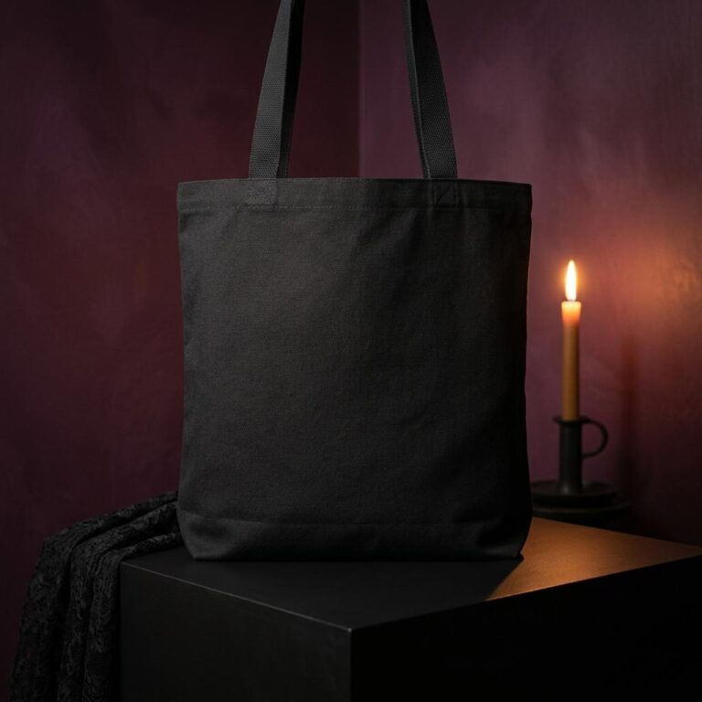 Dark Gothic Canvas Tote Bag Mockup in a Candlelit Plum Room