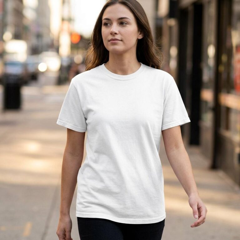Comfort Colors 1717 T-Shirt Mockup - Woman on a Sunlit City Street