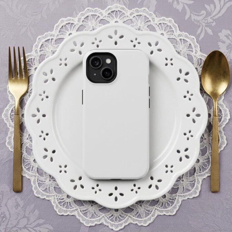 iPhone 15 Tough Case Mockup - Lace Doily Flat Lay