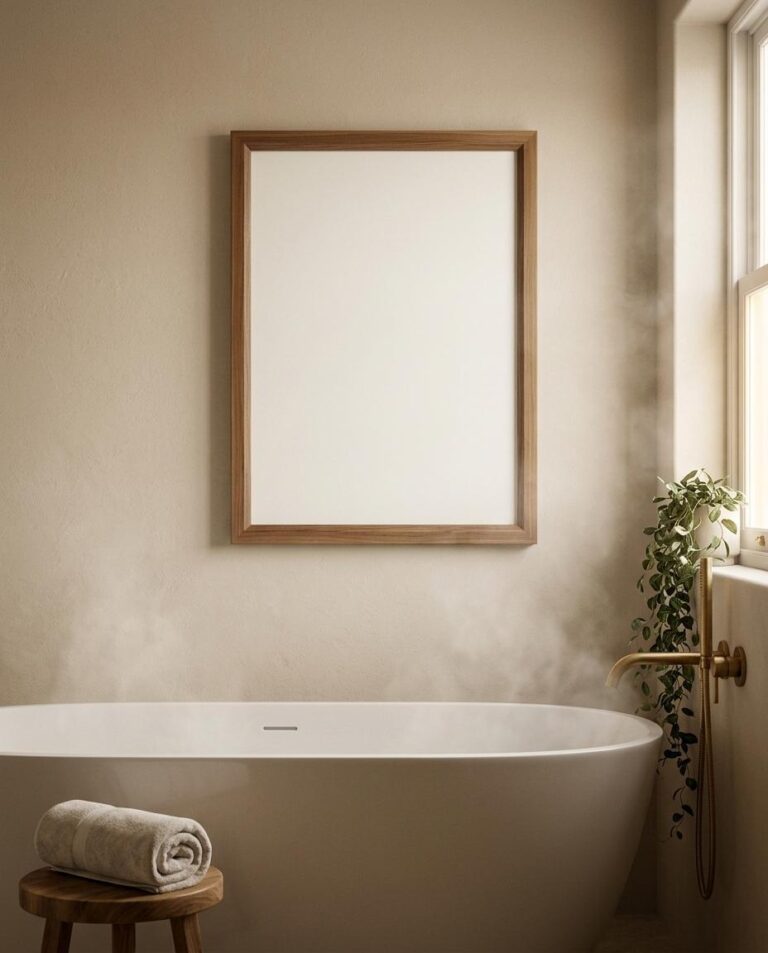 Walnut Frame Wall Art Mockup in a Warm Spa Bathroom Setting
