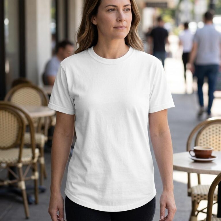 Comfort Colors 1717 Women’s Mockup - Outdoor Cafe Lifestyle Scene