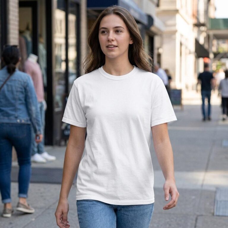 Comfort Colors 1717 Mockup: Woman Walking a City Street