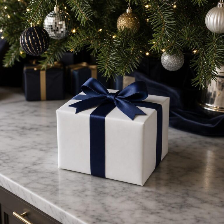 Luxury Christmas Gift Box Mockup with Navy Satin Bow