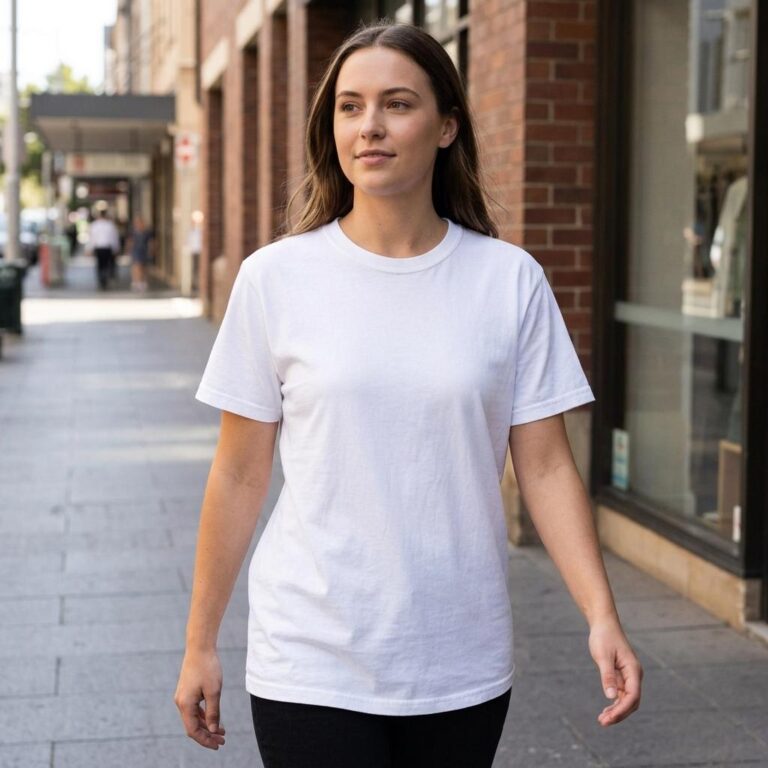 Candid Woman Lifestyle T-Shirt Mockup on a Sunlit City Street