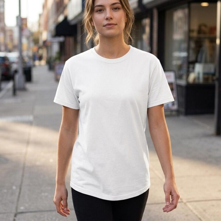 Comfort Colors 1717 T-Shirt Mockup - Woman Walking a City Street