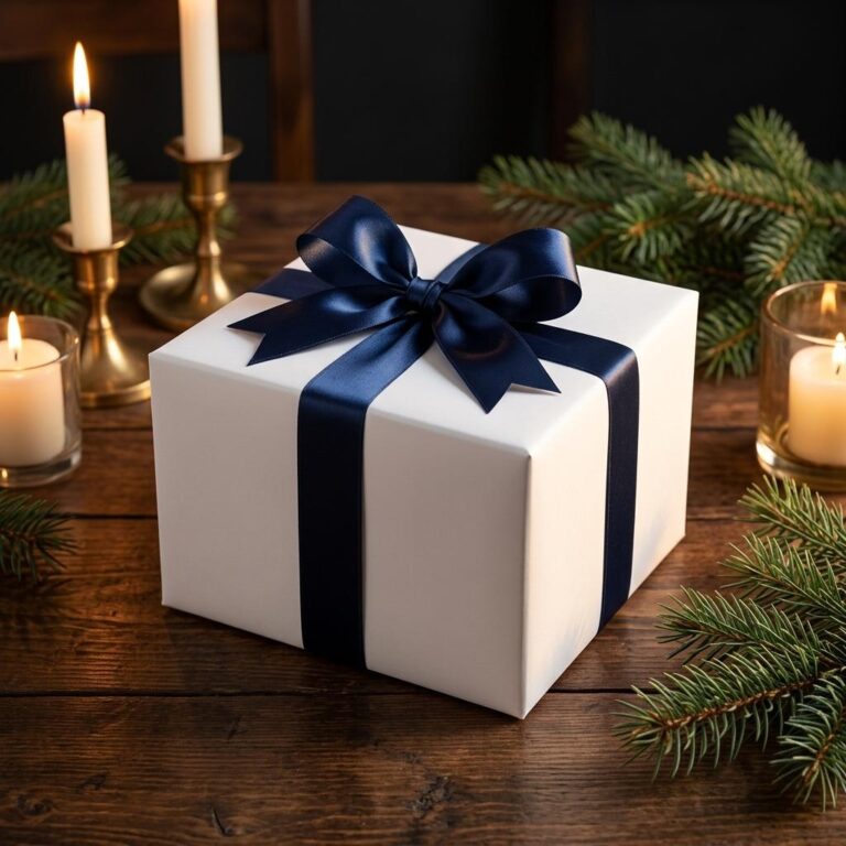 Elegant Holiday Gift Box Mockup with Candlelit Pine Setting