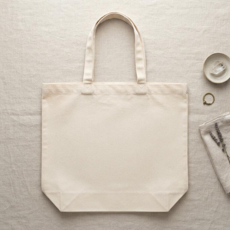 Flat Lay Canvas Tote Bag Mockup on a Linen Surface