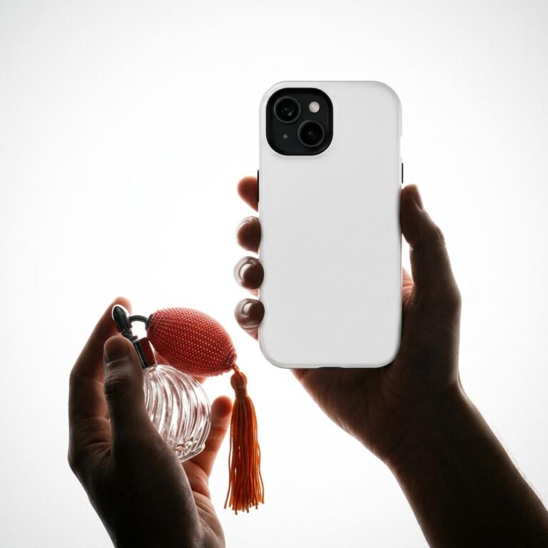 iPhone 15 Tough Case Mockup - Backlit Silhouette with Coral Atomizer