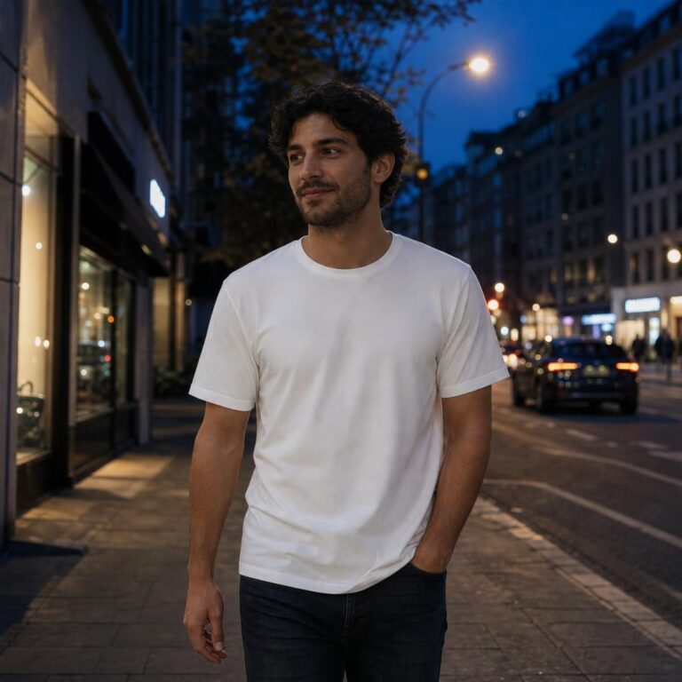 Free Urban Night T-Shirt Mockup for City Street Scenes