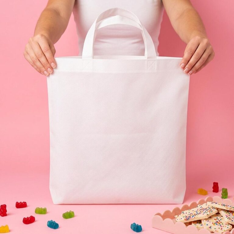 Candy-Core Pink Tote Bag Mockup with Gummy Bear Scene