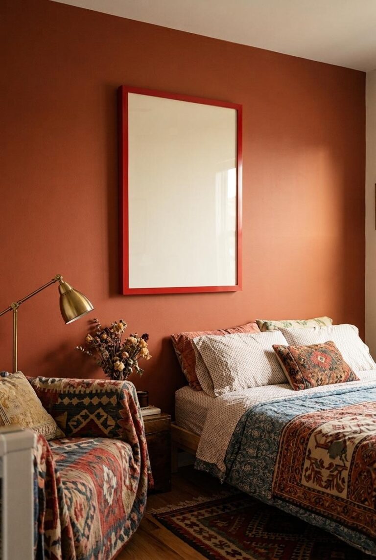 Eclectic Bedroom Framed Poster Mockup with Terracotta Wall