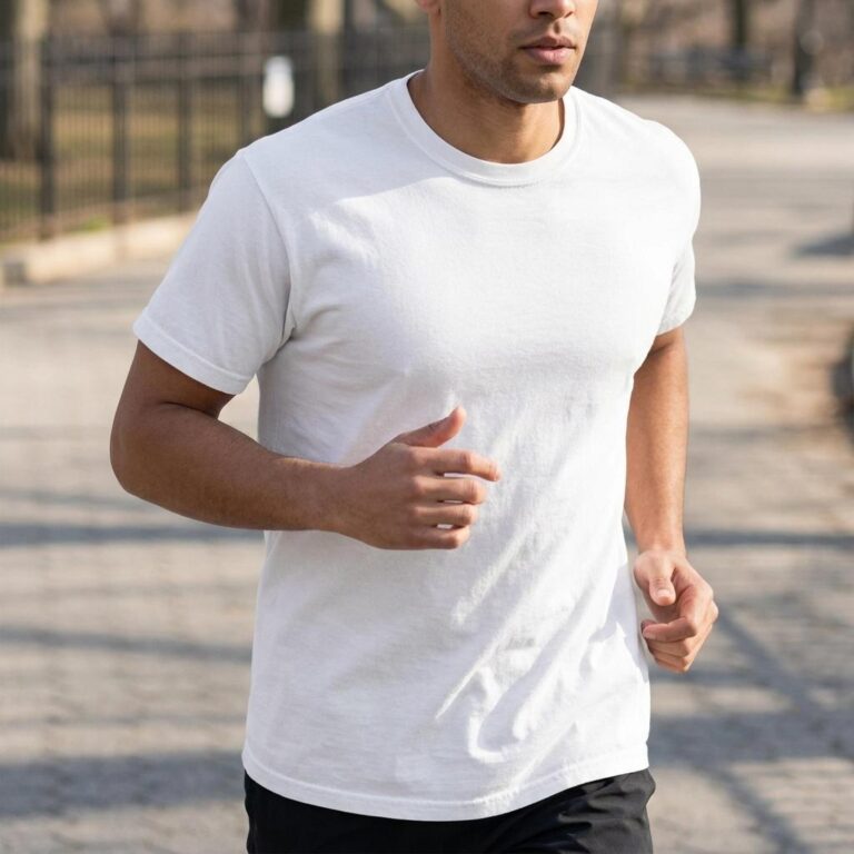 Running T-Shirt Mockup - Man in Motion on an Urban Park Path