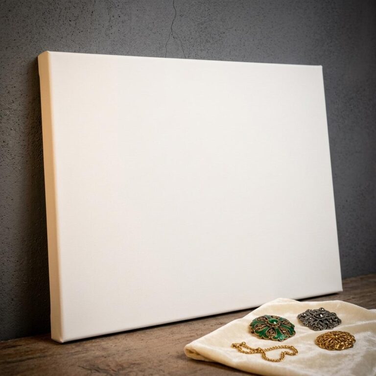 Free Wrapped Canvas Mockup with Vintage Brooch Still Life