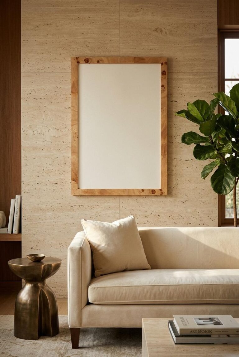 Living Room Framed Art Mockup with Natural Burl Wood Frame