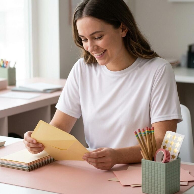 Woman Lifestyle T-Shirt Mockup in a Blush Pen Pals Craft Desk Scene