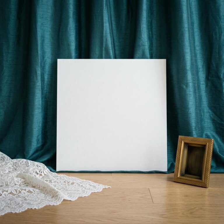Square Poster Mockup with Teal Curtain, White Lace and Gold Frame